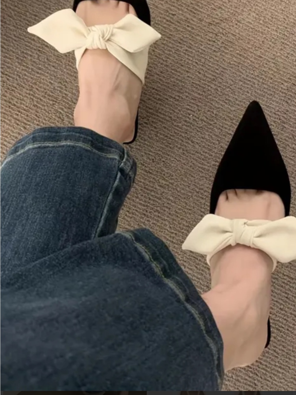 Black Pointed-Toe Flats with Cream Bow